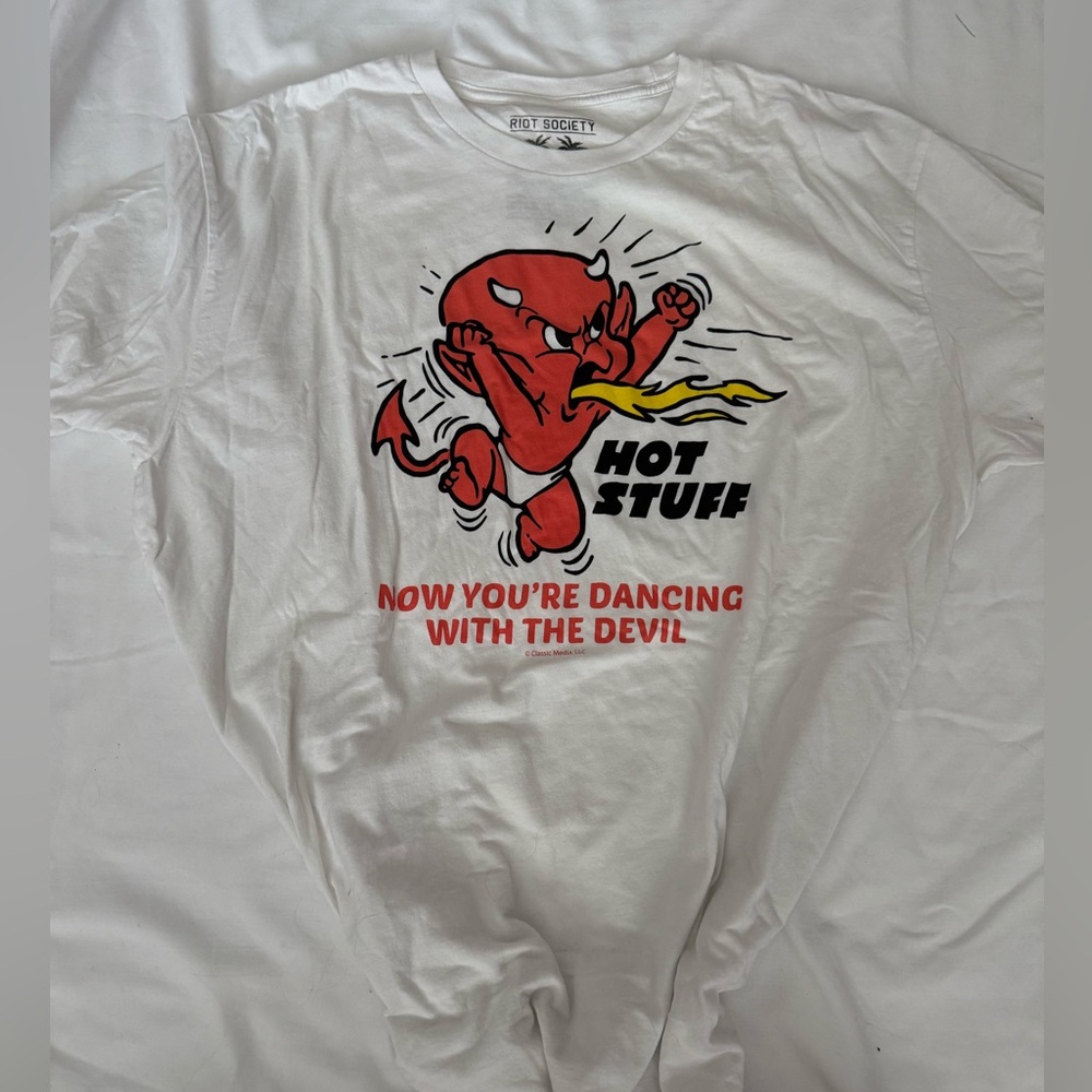 riot society White Tee with Red Devil and Yellow Flame Graphic